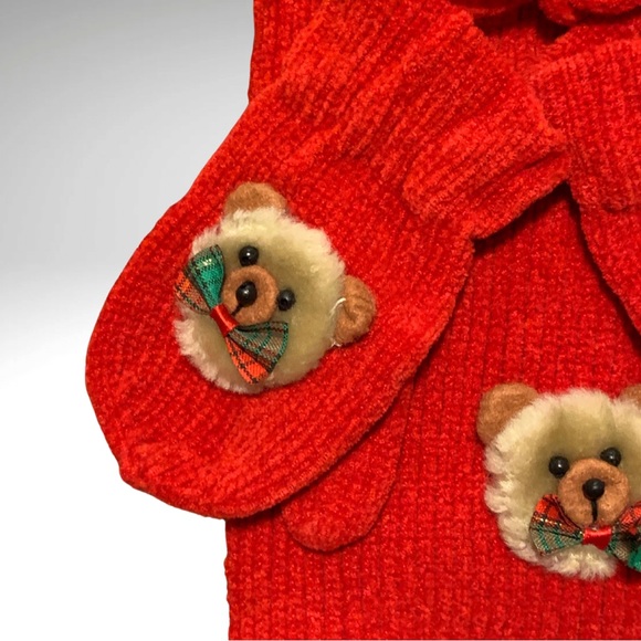 NEW Red Chenile Scarf Mitten Toddler Set with Plush Teddy Bear Appliqué Winter - Picture 3 of 5